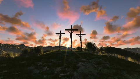 Jesus on Cross, meadow with olives, timelapse sunrise night to day