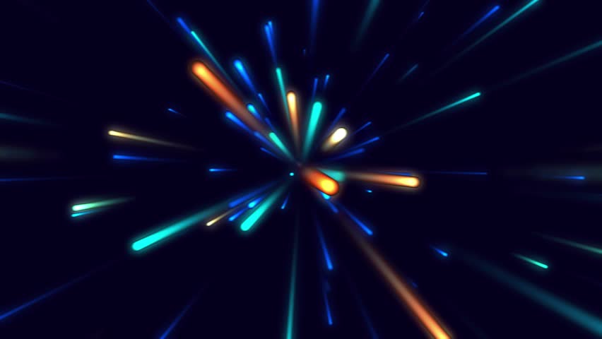 Explosion of blue and orange light streaks radiating from a central point against a dark background, perfect for dynamic and abstract designs.