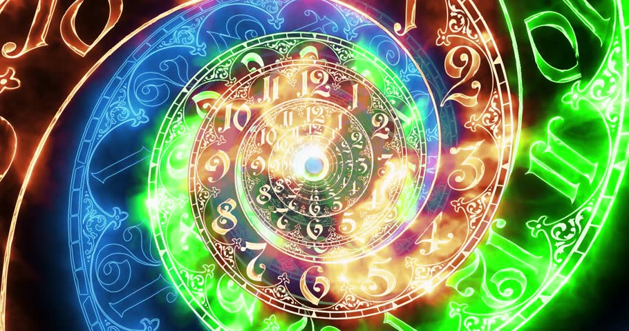 Classic spiral fire dial endlessly moving towards the camera. No arrows. 3 colors. It symbolizes the infinity of time. On black background. 3D render. 3D Illustration