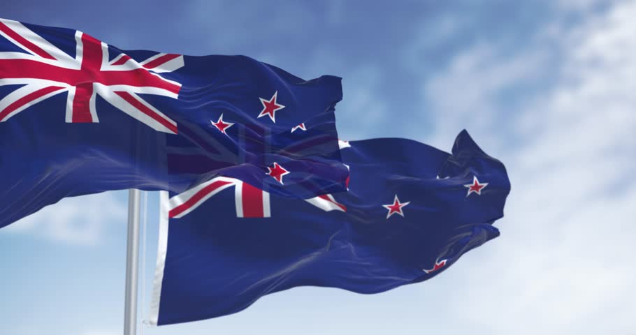 New Zealand national flag waving on a clear day. Blue Ensign with Union Jack and red stars on representing Southern Cross. Seamless 3d render animation. Slow motion loop