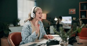 Laptop, video call and wave with woman designer in office for communication, planning or virtual meeting. Consulting, feedback or review and happy employee in creative workplace with headphones