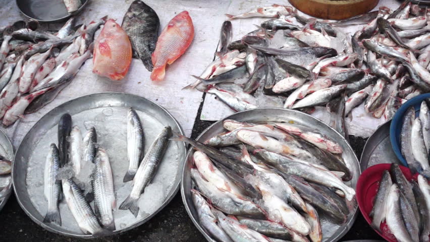 Fresh fishes at the street market in Thailand, HD slow motion