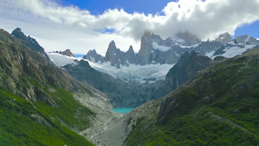 Monte Fitz Roy also known as Cerro Chalten, Cerro Fitz Ro is a mountain in Patagonia, on the border between Argentina and Chile. It is located near the town of El Chalten. Aerial drone view.