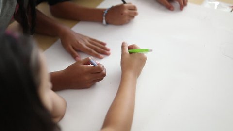 This video clip features a group of 5 upper grade elementary students in the beginning stages of creating a chart together as part of a group project.