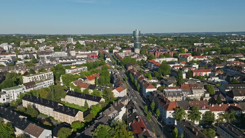 Aerial drone view of Bochum-Innenstadt, the city center of Bochum in North Rhine-Westphalia, Germany. 