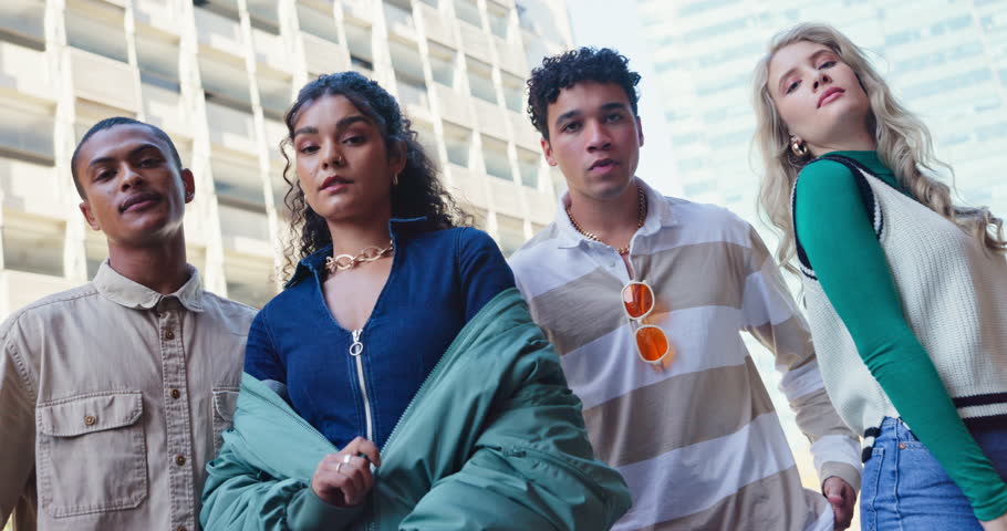 Gen z, group and urban fashion in city with confidence, streetwear and outdoor for relax or bonding. Friends, people and portrait with serious face, trendy style and casual outfit with diversity