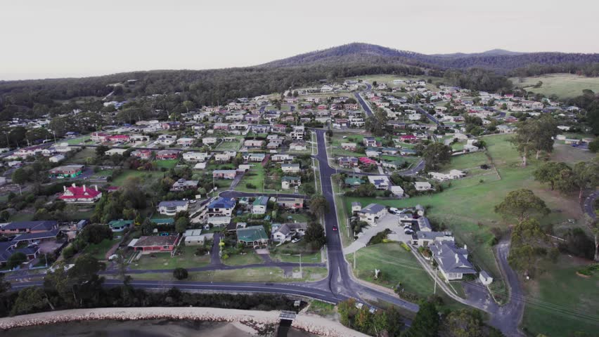 Aerial toward residential aera small town Saint Helens, Tasmania
