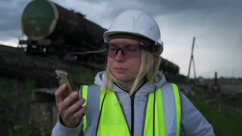 Close-up of caucasian railway woman reading messages on a mobile phone against the background of standing railway cars with gasoline.