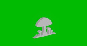 Animation of rotation of a white mushrooms symbol with shadow. Simple and complex rotation. Seamless looped 4k animation on green chroma key background