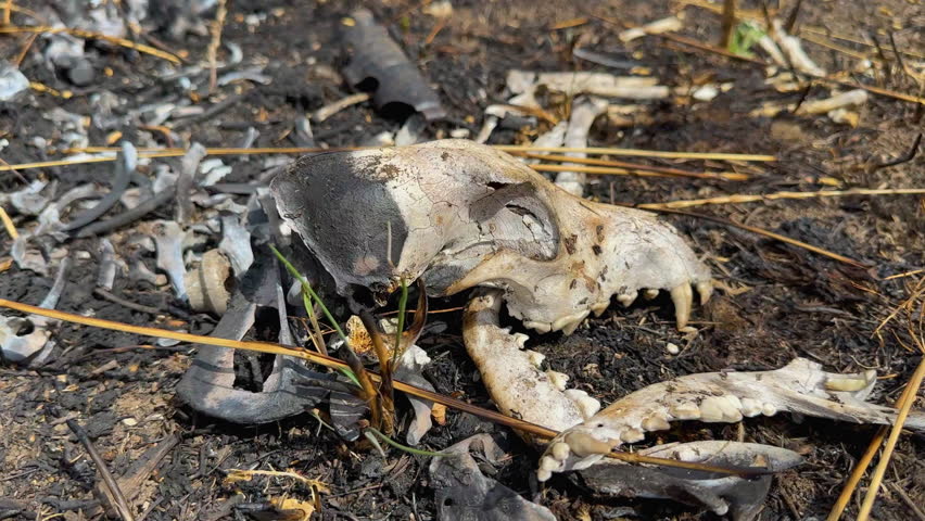 skeleton of dog with a white charred skull lies among burnt black earth among exploding ammunition. War in Ukraine Royalty-Free Stock Footage #3494612233