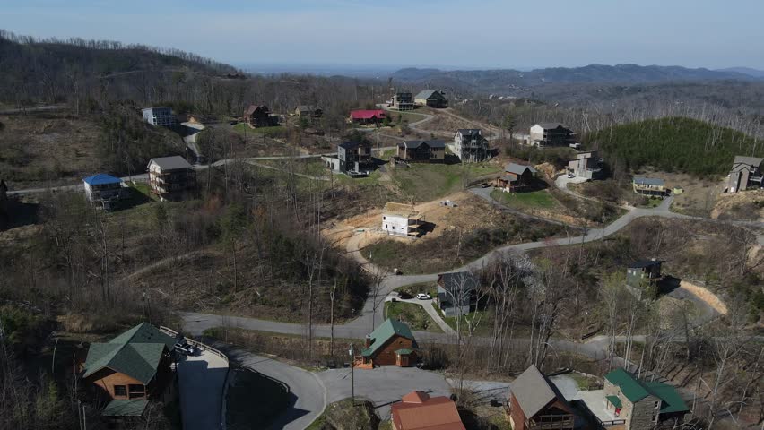 Aerial view of rental cabins and rental homes on the Smoky Mountains in Tennessee