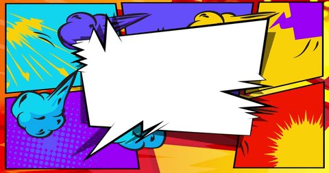 White Speech Bubble on Abstract background animation in pop art, comics style. Retro manga cartoon backdrop. Comic book elements moving.の動画素材