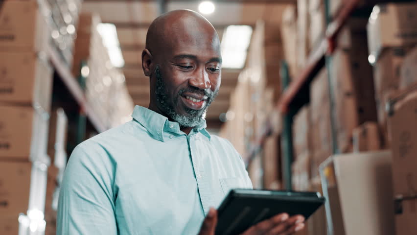 African man, tablet and warehouse for logistics, checklist or ecommerce for wholesale supplier. Inspector, smile and digital app for online business, retail or freight distribution or quality control - Powered by Shutterstock - Get 15% off with code: PIKWIZARD15