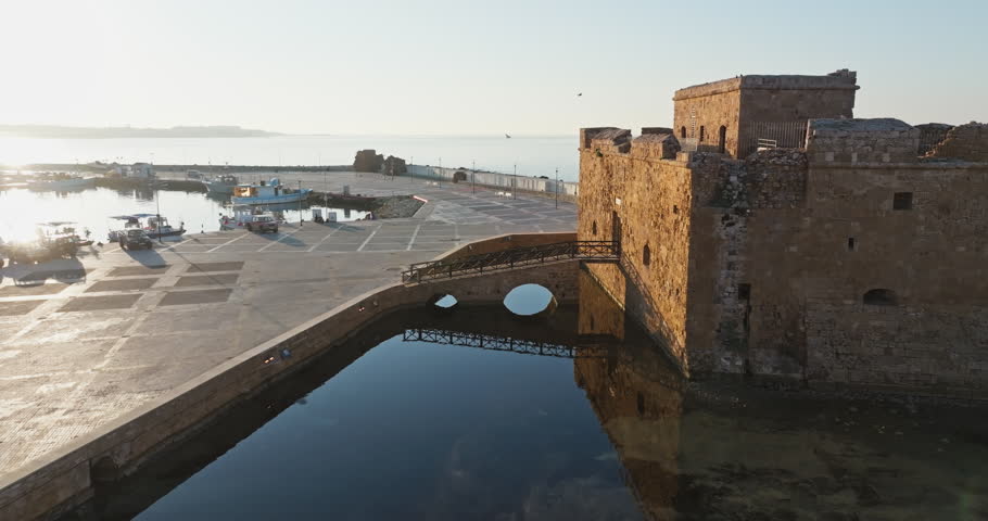 Witness the Magnificence of Paphos, Cyprus: Aerial View of the Stone Fortress, a Symbol of the City