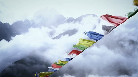 Prayer Flags on Himalayan Mountain Sky, Everest Base Camp Trek From Namche Bazaar to Tengboche , Nepal