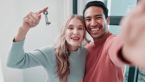 Couple, keys and selfie for new house with moving success, mortgage and celebration of real estate property together. Face of excited interracial man and woman in video call or vlogging lock to home