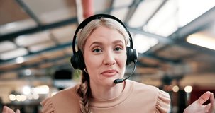 Happy woman, call center and consulting with headphones in video chat for online advice, customer service or support at office. Portrait or POV of female person, consultant or agent for assistance