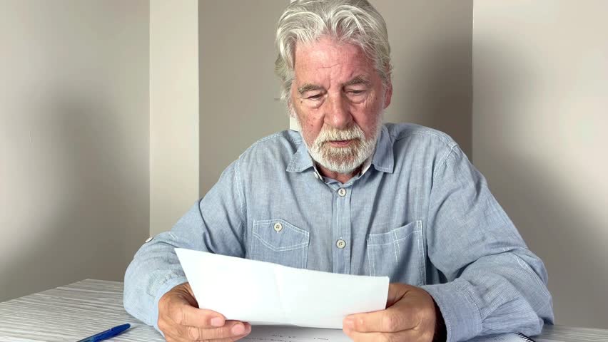 Serious bearded senior man sitting at home checks bank documents, family budget or medical test results with worried expression
