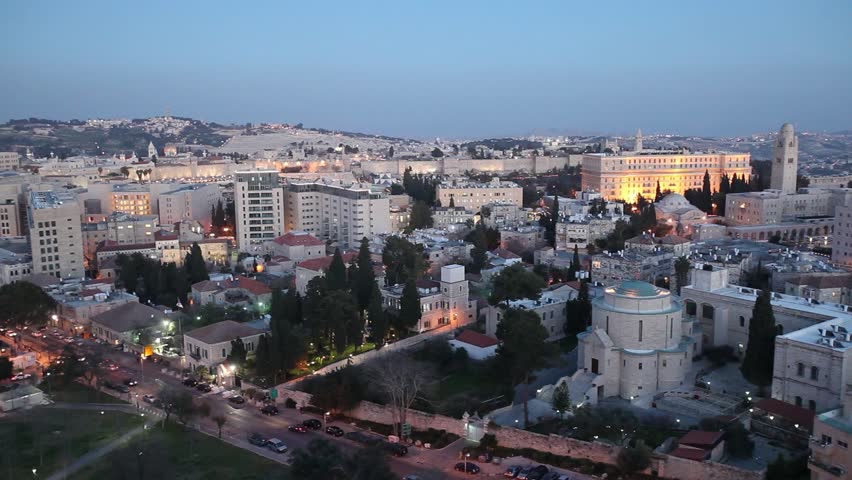 Evening Aerial View with Old City Wall, Jerusalem, Israel