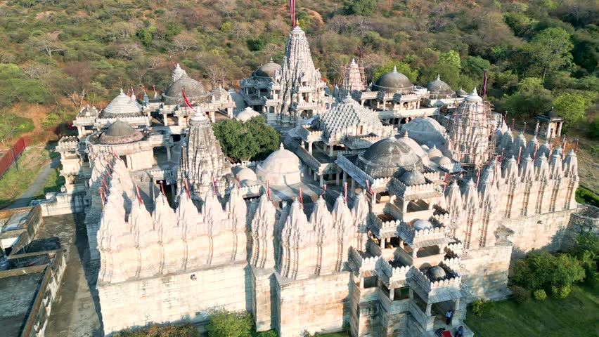 Ranakpur temple from drone, Jains, Rajasthan, India from the air