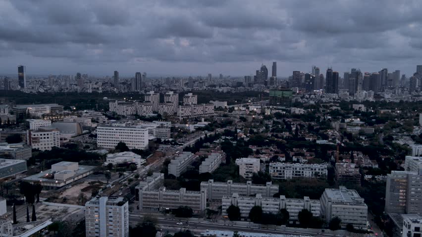 Aerial view of a foggy day over in the city Tel Aviv in Israel.
