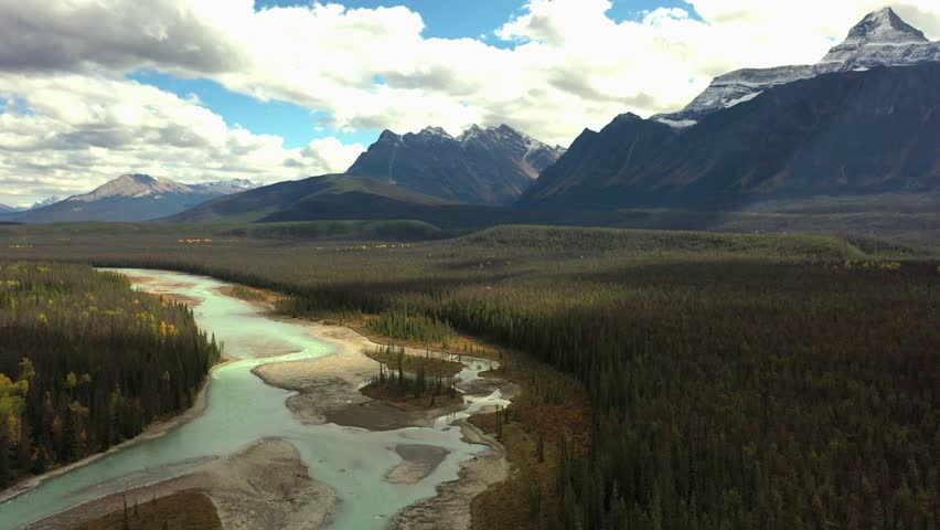 Aerial view of the Athabasca River with its bluish color surrounded by thousands of trees and high mountains of the Canadian Rockies, on a fall day in Alberta, Canada.