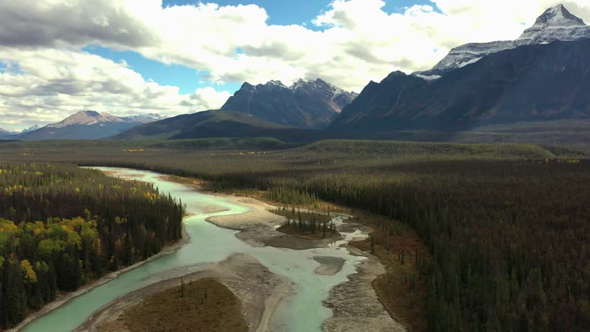 Aerial view of the Athabasca River with its bluish color surrounded by thousands of trees and high mountains of the Canadian Rockies, on a fall day in Alberta, Canada.