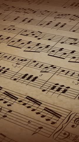 Vertical Music Note Scroll on Old Parchment 4K Loop features music staff scrolling at an angle floating above animated textured parchment paper in a vertical ratio loop.