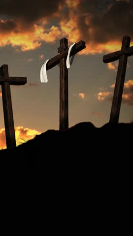 Vertical Three Crosses Golden Morning 4K features three empty crosses on a hill with moving clouds at dusk and a sunrise behind in a vertical ratio loop. Royalty-Free Stock Footage #3495102679