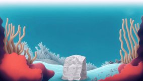 A continuously looping cartoon video showcases an underwater world.  Animated fish navigate between seaweed and coral, while bubbles gently rise to the surface. In the backdrop, a school of fish.