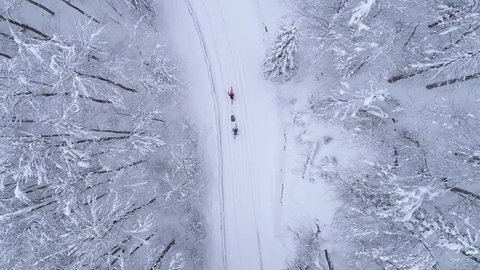 Aerial - Top down moving up shot of two people ski walking on snowy road and one of them using ski sled for heavy load