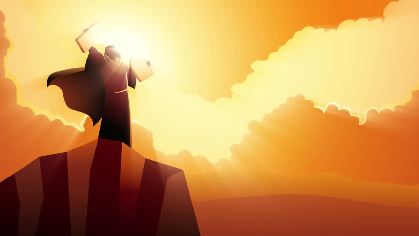 Dramatic scene of Moses held two stone tablets containing the ten commandments of God and raised them high