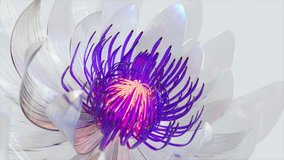 Highly detailed 3D digital artwork of a white flower with iridescent petals and a vibrant purple and orange core, set against a light background. 3D Illustration - Powered by Shutterstock - Get 15% off with code: PIKWIZARD15