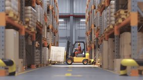 Forklift with cardboard boxes drives through retail warehouse and row of shelves with goods.. 3D Illustration - Powered by Shutterstock - Get 15% off with code: PIKWIZARD15