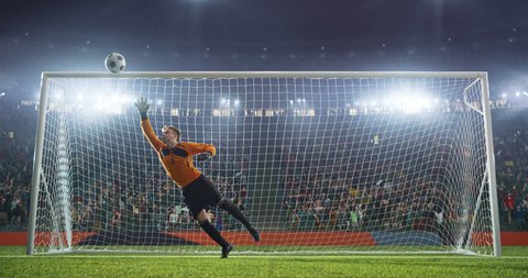 Soccer goalkeeper jumps and saves ball on a professional soccer stadium. Stadium and crowd is made in 3D and animated