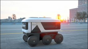 Automated Delivery Robot Service Driving On Urban Street. Modern Smart Wireless Robot Delivers Goods Or Food To A Customer. New Technological Iot Business Industry Of Delivery Logistic Of Online Shop - Powered by Shutterstock - Get 15% off with code: PIKWIZARD15