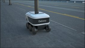 Automated Delivery Robot Service Driving On Urban Street. Modern Smart Wireless Robot Delivers Goods Or Food To A Customer. New Technological Iot Business Industry Of Delivery Logistic Of Online Shop - Powered by Shutterstock - Get 15% off with code: PIKWIZARD15