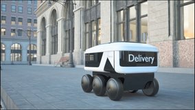 Automated Delivery Robot Service Driving On Urban Street. Modern Smart Wireless Robot Delivers Goods Or Food To A Customer. New Technological Iot Business Industry Of Delivery Logistic Of Online Shop - Powered by Shutterstock - Get 15% off with code: PIKWIZARD15