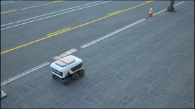 Automated Delivery Robot Service Driving On Urban Street. Modern Smart Wireless Robot Delivers Goods Or Food To A Customer. New Technological Iot Business Industry Of Delivery Logistic Of Online Shop - Powered by Shutterstock - Get 15% off with code: PIKWIZARD15