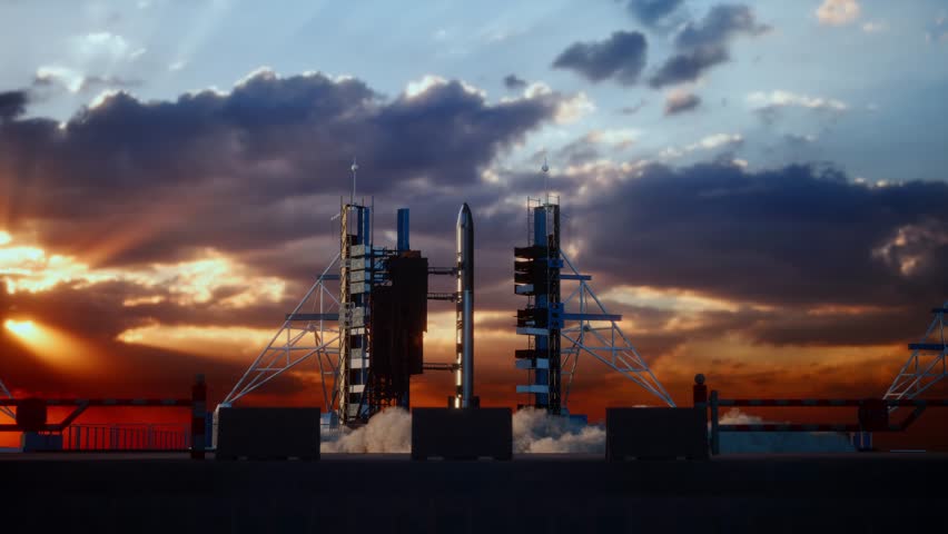 Launch Pad Complex, Successful Rocket Launching With Crew On A Space Exploration Mission. Flying Spaceship Blasts Flames And Smoke On A Take-Off. Humanity In Space, Sunset Time