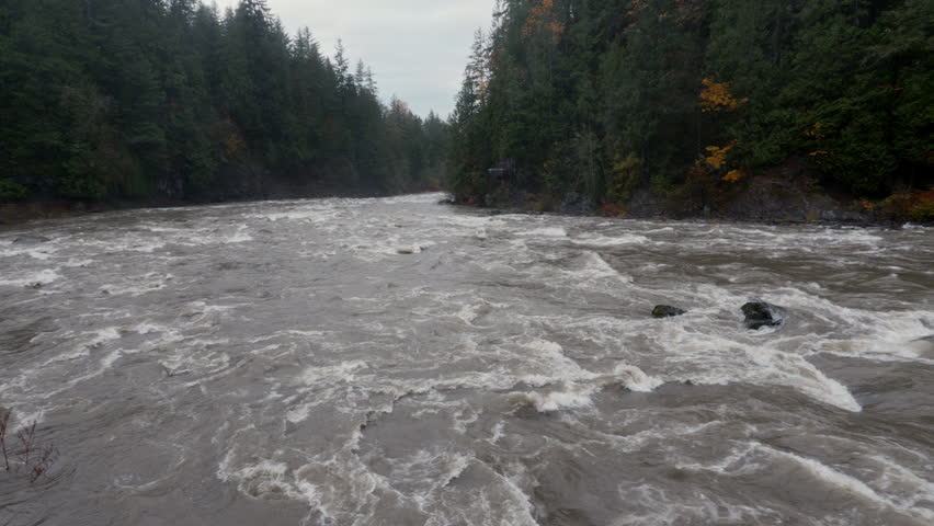 Snoqualmie River Pan to Reveal Raging Washington Waterfall