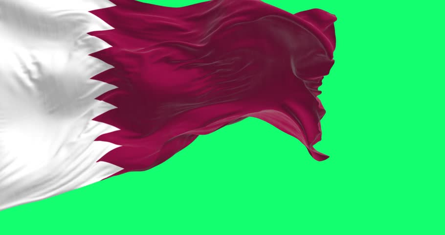 Qatar national flag fluttering isolated on green background. Maroon with a wide white wedge-shaped band. Seamless 3D render animation. Chroma key. Slow motion loop. Green screen. 4K