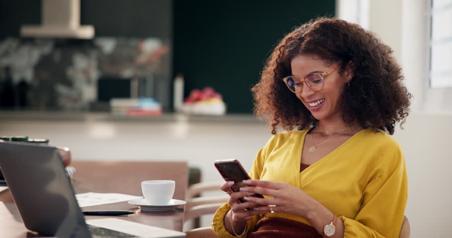 Phone, remote work and smile of black woman entrepreneur in home for freelance or startup employment. Communication, small business and technology with happy employee typing message on mobile