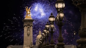 Celebratory colorful fireworks over the Lamp posts on Alexander III Bridge (4K, time lapse). Paris, France. This arch bridge is one of the most beautiful river crossings in the world   - Powered by Shutterstock - Get 15% off with code: PIKWIZARD15