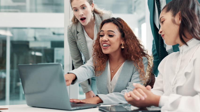 Applause, laptop and meeting with business people cheering in boardroom of office for support or success. Collaboration, computer and winner colleague team in workplace for goal or target celebration - Powered by Shutterstock - Get 15% off with code: PIKWIZARD15