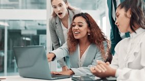 Applause, laptop and meeting with business people cheering in boardroom of office for support or success. Collaboration, computer and winner colleague team in workplace for goal or target celebration - Powered by Shutterstock - Get 15% off with code: PIKWIZARD15