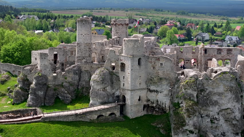 The ruins of medieval castle Ogrodzieniec in Poland - drone view.