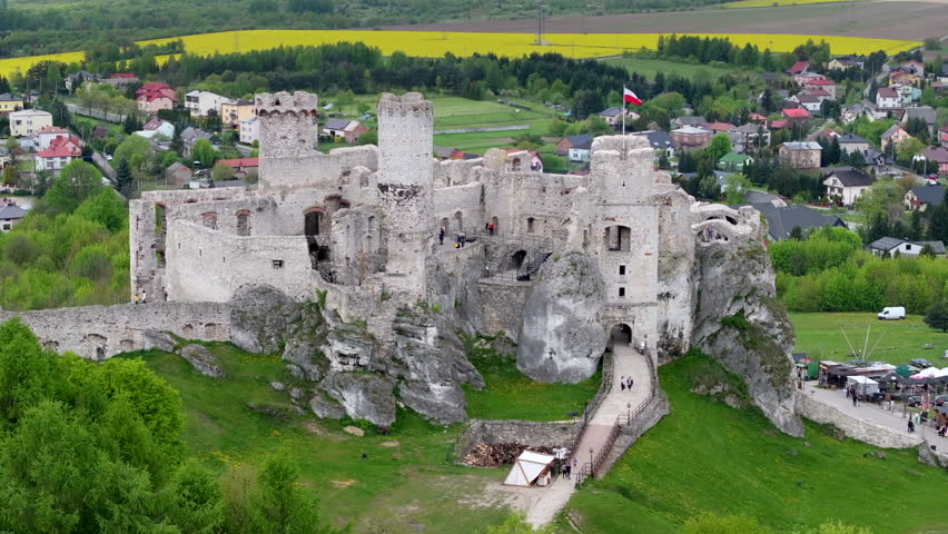 The ruins of medieval castle Ogrodzieniec in Poland - drone view.