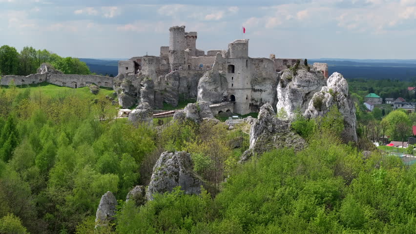 The ruins of medieval castle Ogrodzieniec in Poland - drone view.