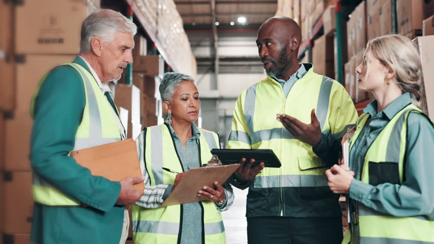 Team, talking and tablet in logistics at warehouse, clipboard and stock management for quality control or delivery. People, diversity and conversation for supply chain, shipping company and industry - Powered by Shutterstock - Get 15% off with code: PIKWIZARD15